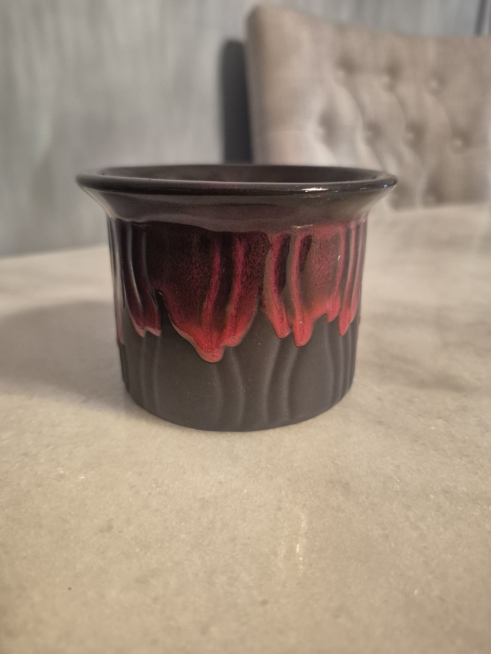 Vintage Beauce Pottery Cup Black with Red Drip Glaze